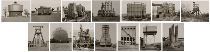 Black and white photographs of industrial water towers