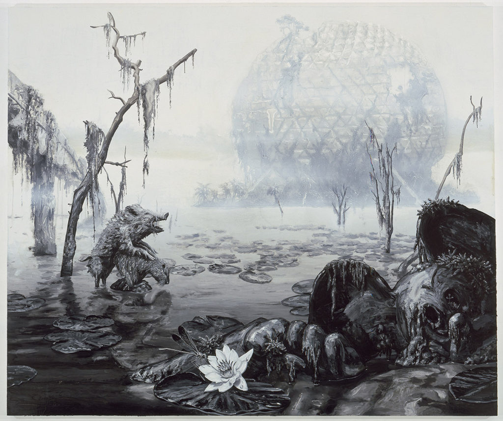 Black and white painting of destroyed landscape and disco ball
