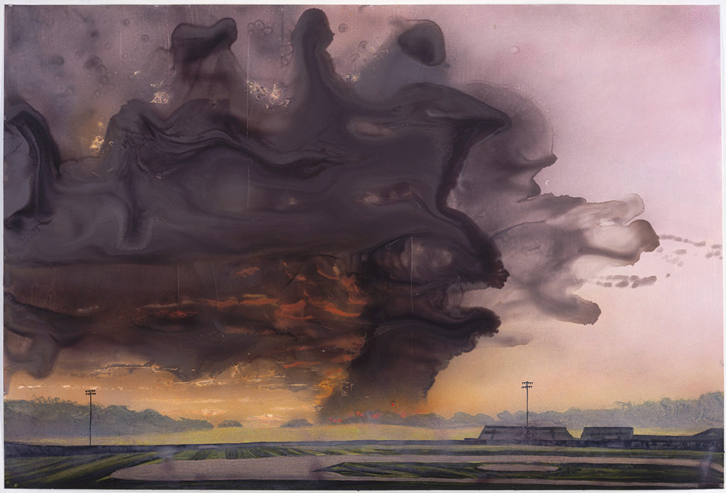 Painting of black smoke in sky
