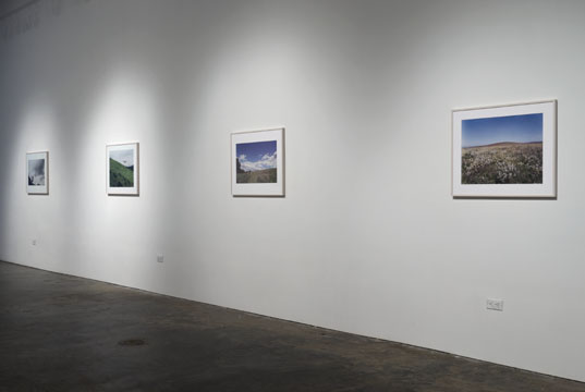 Long gallery space with framed photographs of landscapes