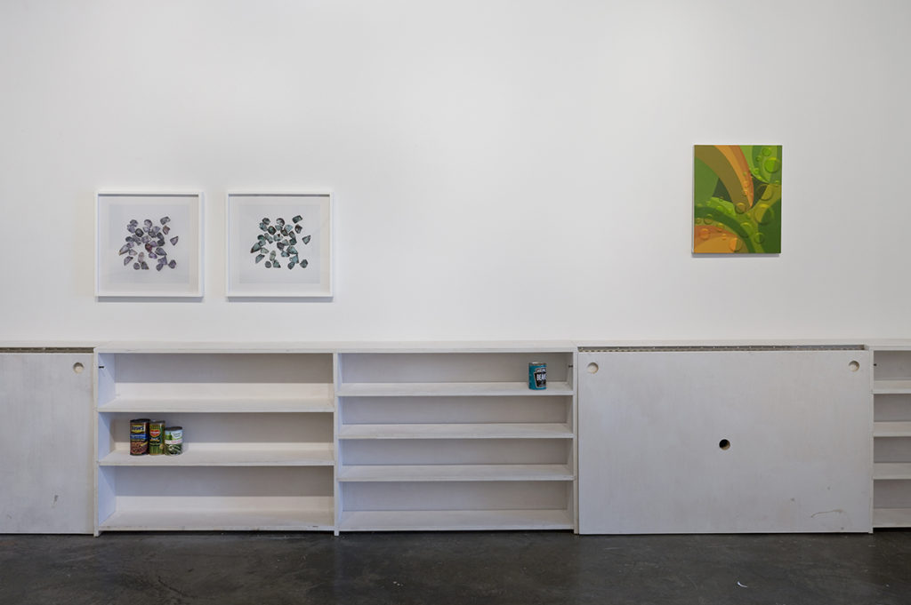 paintings in gallery above a bookshelf