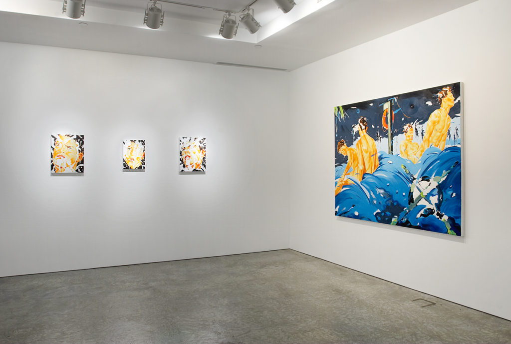 Two small paintings and one large painting in gallery space
