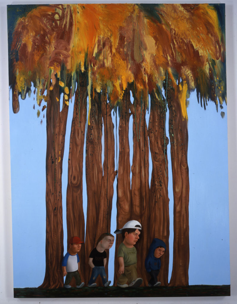 painting of four kids in front of trees