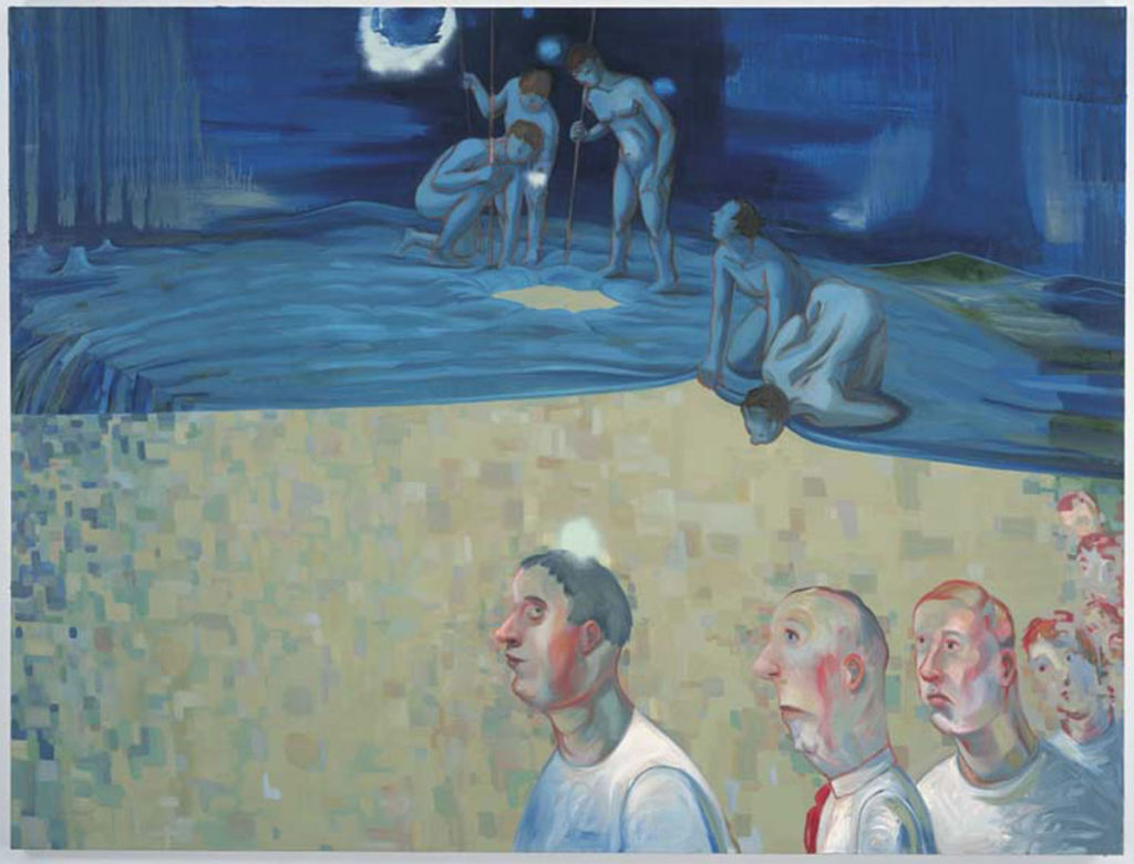 painting of men in the foreground and women in the background by water, blue color palette