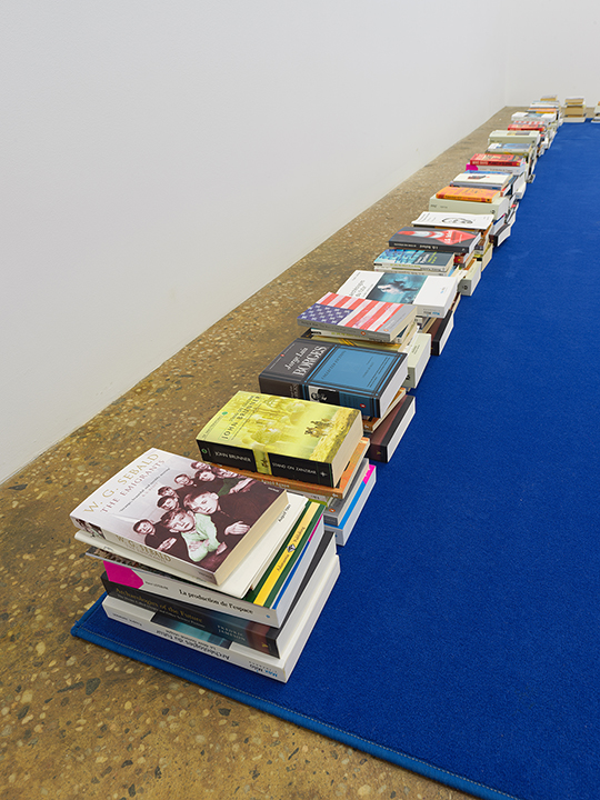 blue rug with piles of books at edges