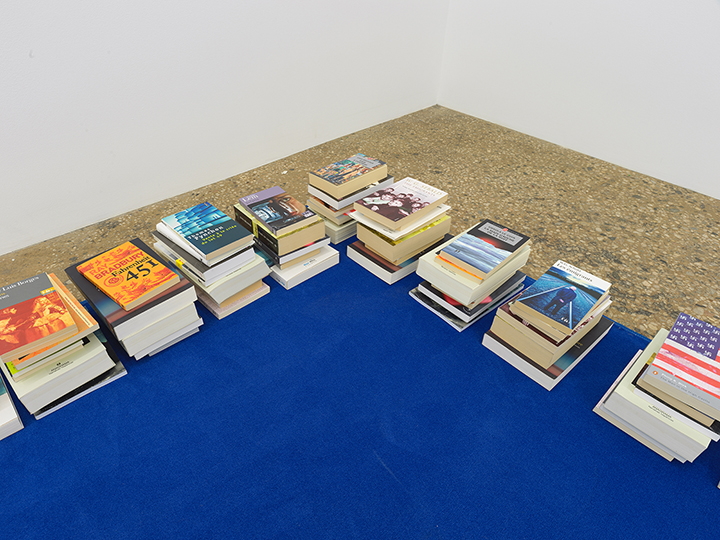 blue rug with piles of books at edges